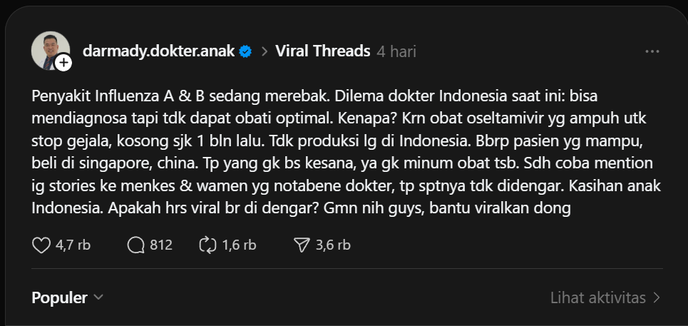 Curhat dokter anak soal obat influenza yang tidak di produksi di Indonesia lagi.